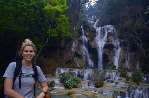 Amy at the famous Kuang Si waterfalls