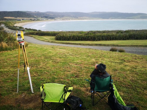 This shows our set up on the headland, the theodolite and Meg with binoculars 
